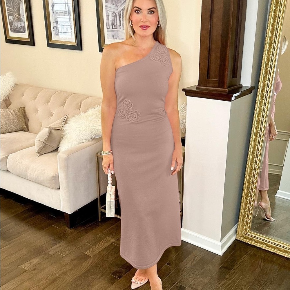 ZESICA Womens One Shoulder Maxi Dress Ribbed Knit Backless Tan Large New - Picture 9 of 9